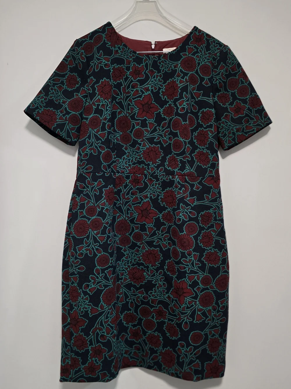 J. Crew Teal and Burgundy Floral Sheath Midi Dress Business, Office Dress Petite